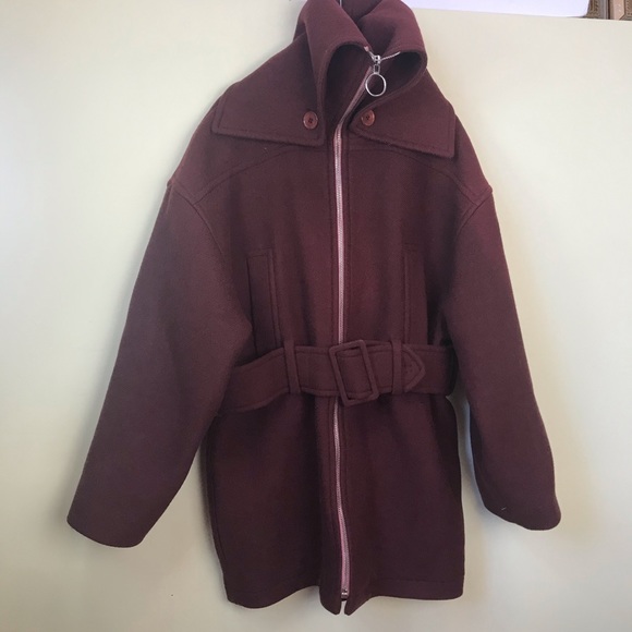 CARVEN France Oversized Wool Coat Jacket Belt Zip Front Hood Collar Pockets Rare - Picture 7 of 16